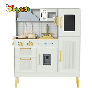 Children Boys Girls Pretend Cooking Set Gold Wooden Toy Kitchen Playsets with Realistic Light & Sound W10C895