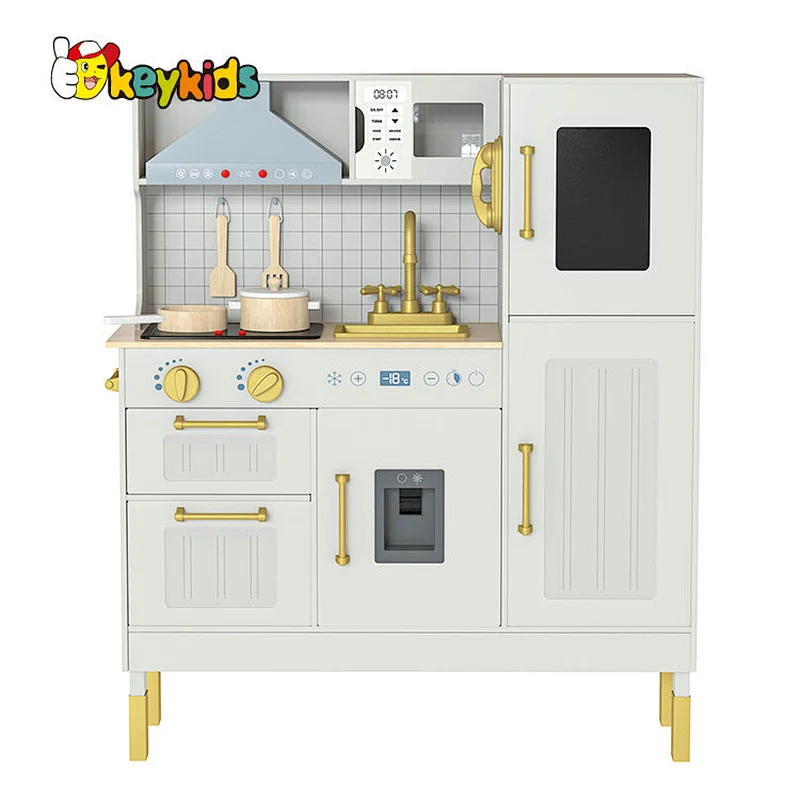 Children Boys Girls Pretend Cooking Set Gold Wooden Toy Kitchen Playsets with Realistic Light & Sound W10C895