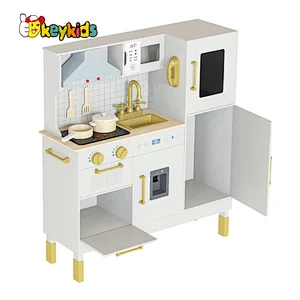Children Boys Girls Pretend Cooking Set Gold Wooden Toy Kitchen Playsets with Realistic Light & Sound W10C895
