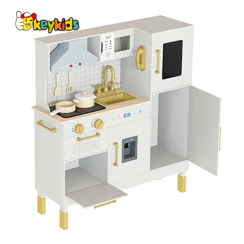 Children Boys Girls Pretend Cooking Set Gold Wooden Toy Kitchen Playsets with Realistic Light & Sound W10C895