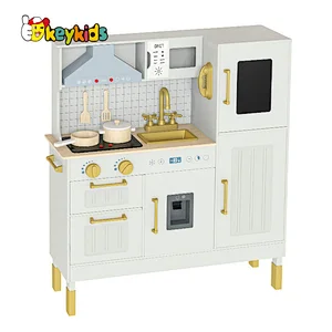 Children Boys Girls Pretend Cooking Set Gold Wooden Toy Kitchen Playsets with Realistic Light & Sound W10C895