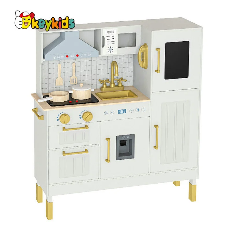 Children Boys Girls Pretend Cooking Set Gold Wooden Toy Kitchen Playsets with Realistic Light & Sound W10C895