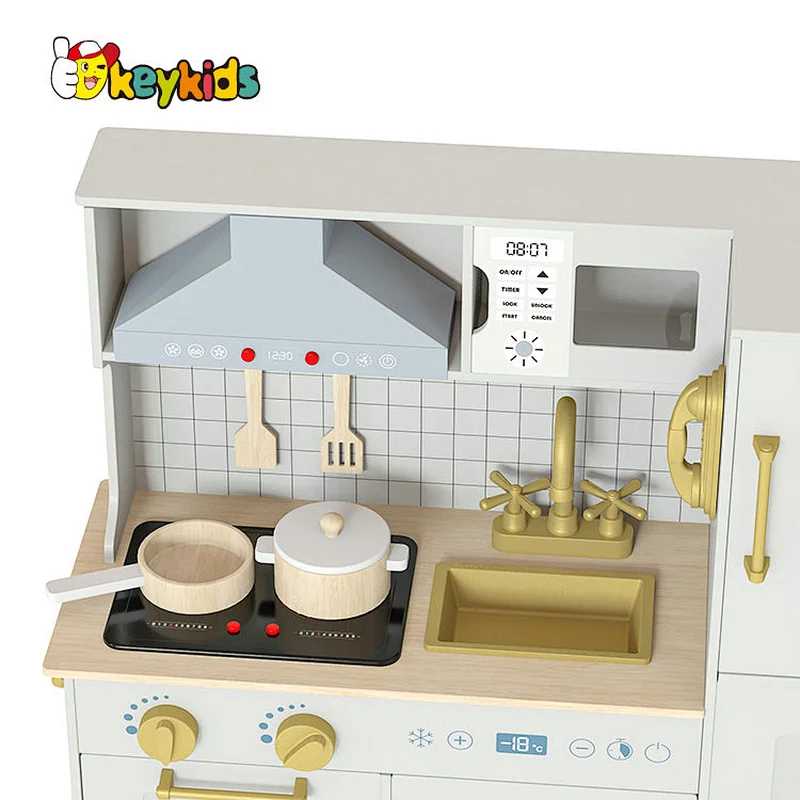 Children Boys Girls Pretend Cooking Set Gold Wooden Toy Kitchen Playsets with Realistic Light & Sound W10C895
