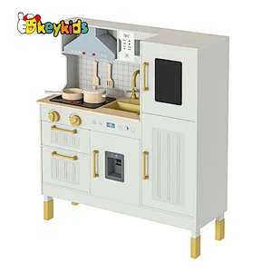 Children Boys Girls Pretend Cooking Set Gold Wooden Toy Kitchen Playsets with Realistic Light & Sound W10C895