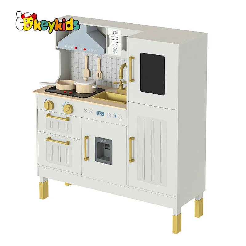 Children Boys Girls Pretend Cooking Set Gold Wooden Toy Kitchen Playsets with Realistic Light & Sound W10C895